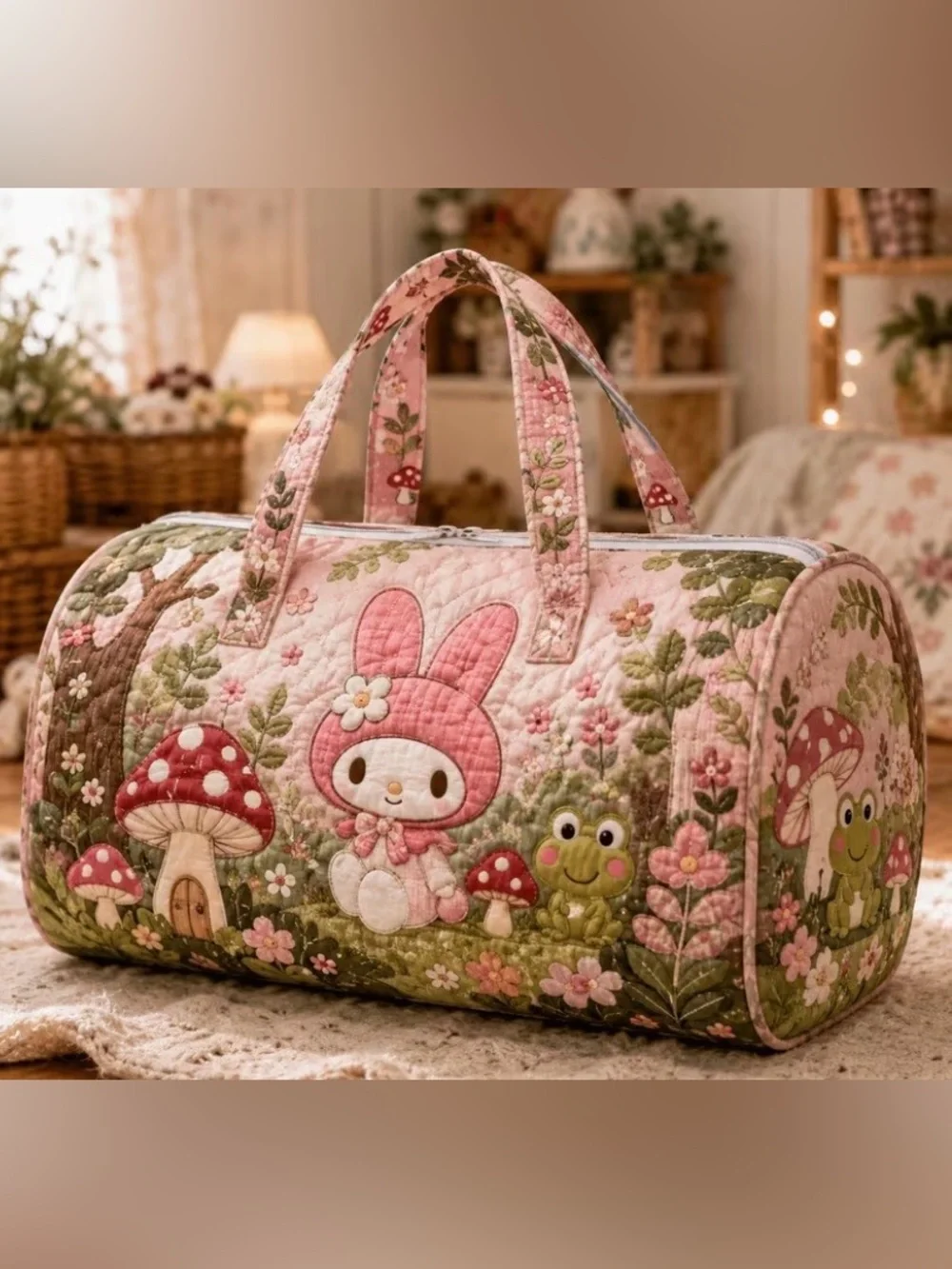 Pink Quilted my melody Tote Bag with Floral Appliqué